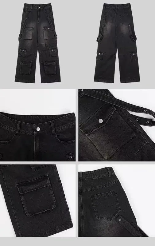 jupkem Men's Baggy Jeans Y2k Goth Wide Leg with Multiple Pockets Women Fashion 90s Hiphop Cargo Pants Y2k Harajuku Streetwear