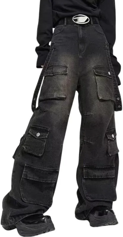 jupkem Men's Baggy Jeans Y2k Goth Wide Leg with Multiple Pockets Women Fashion 90s Hiphop Cargo Pants Y2k Harajuku Streetwear