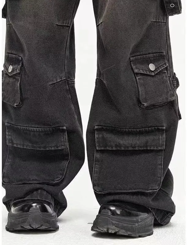 jupkem Men's Baggy Jeans Y2k Goth Wide Leg with Multiple Pockets Women Fashion 90s Hiphop Cargo Pants Y2k Harajuku Streetwear