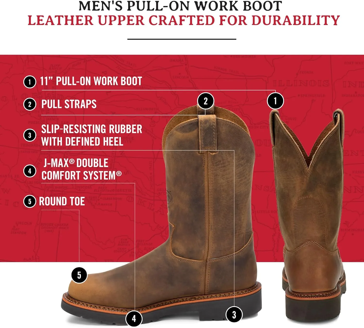 Justin Blueprint 11" Work Boots for Men - Round Toe Full-Grain Leather Cowboy Boots with Slip-resistant Outsole, EH-Rated