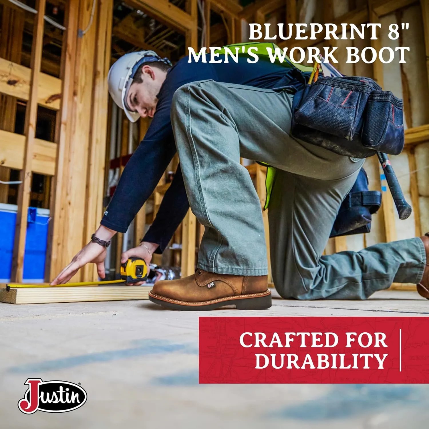 Justin Blueprint 8" Work Boots for Men - Round Toe Full-Grain Leather Lace-Up Upper with Oil- and Slip-Resistant Rubber Outsole