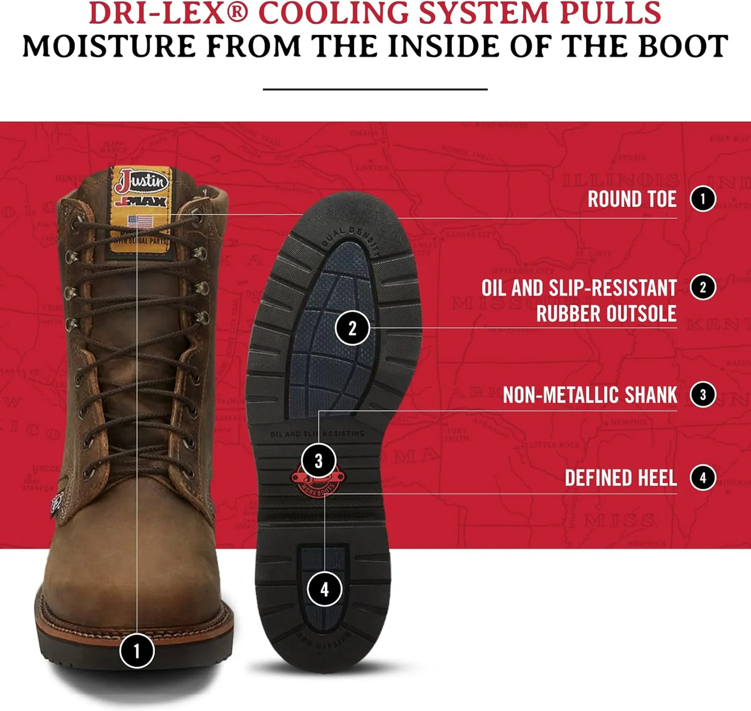 Justin Blueprint 8" Work Boots for Men - Round Toe Full-Grain Leather Lace-Up Upper with Oil- and Slip-Resistant Rubber Outsole