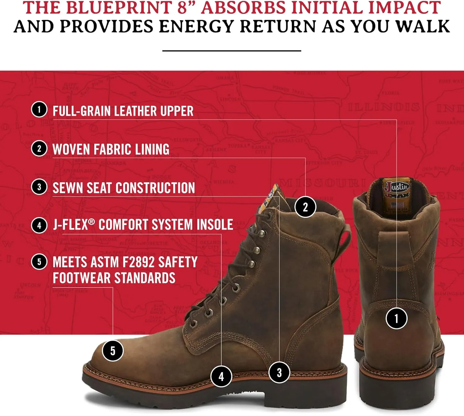 Justin Blueprint 8" Work Boots for Men - Round Toe Full-Grain Leather Lace-Up Upper with Oil- and Slip-Resistant Rubber Outsole