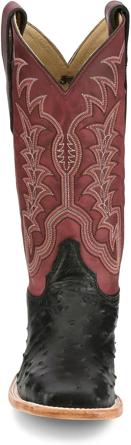 Justin Boot Company Men`s Chisolm Black Full Quill Ostrich 13in Salsa Red Cowhide Top
