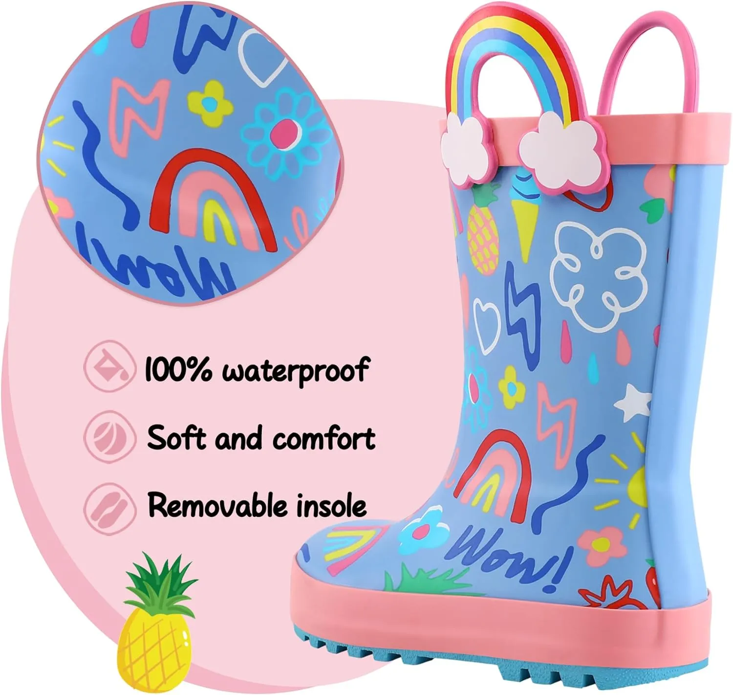K KomForme Kids Rain Boots Waterproof Printed Rubber boots with Handles