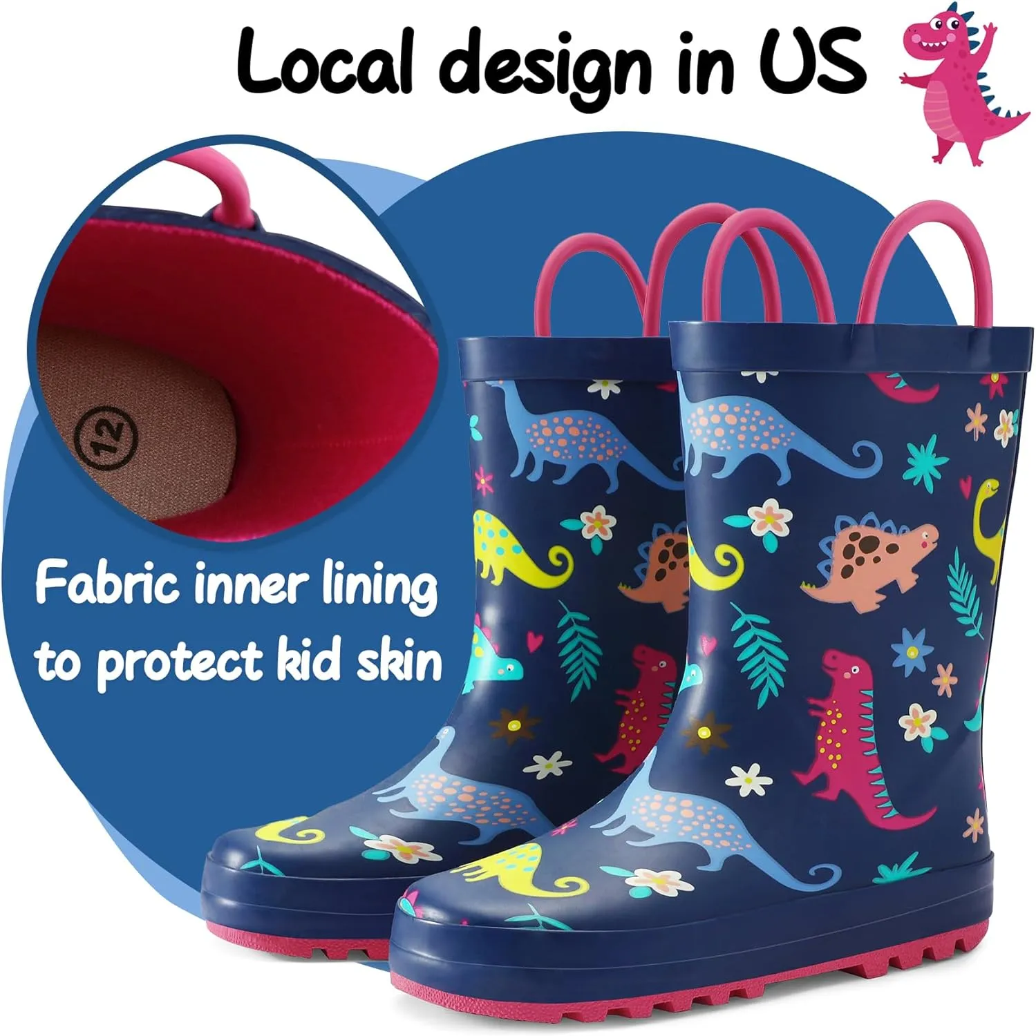 K KomForme Kids Rain Boots Waterproof Printed Rubber boots with Handles
