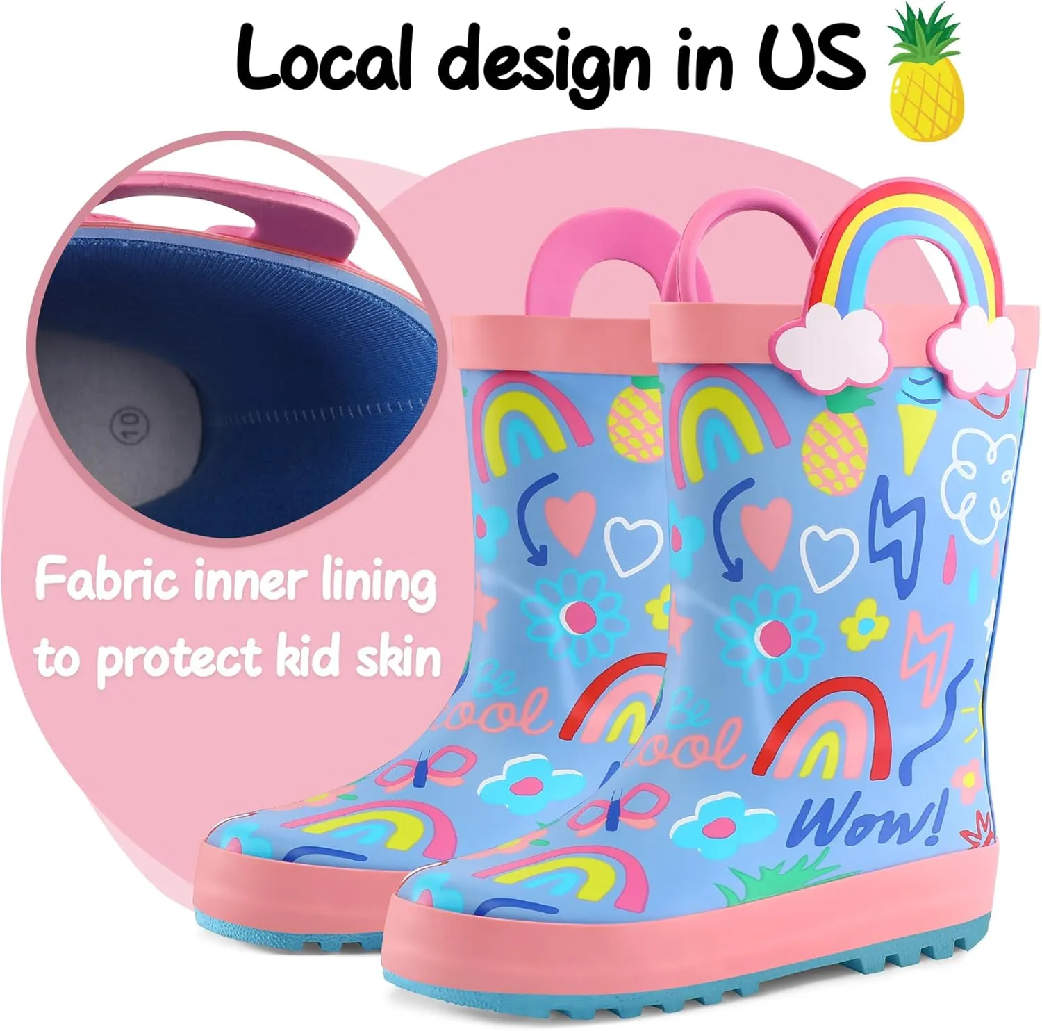 K KomForme Kids Rain Boots Waterproof Printed Rubber boots with Handles