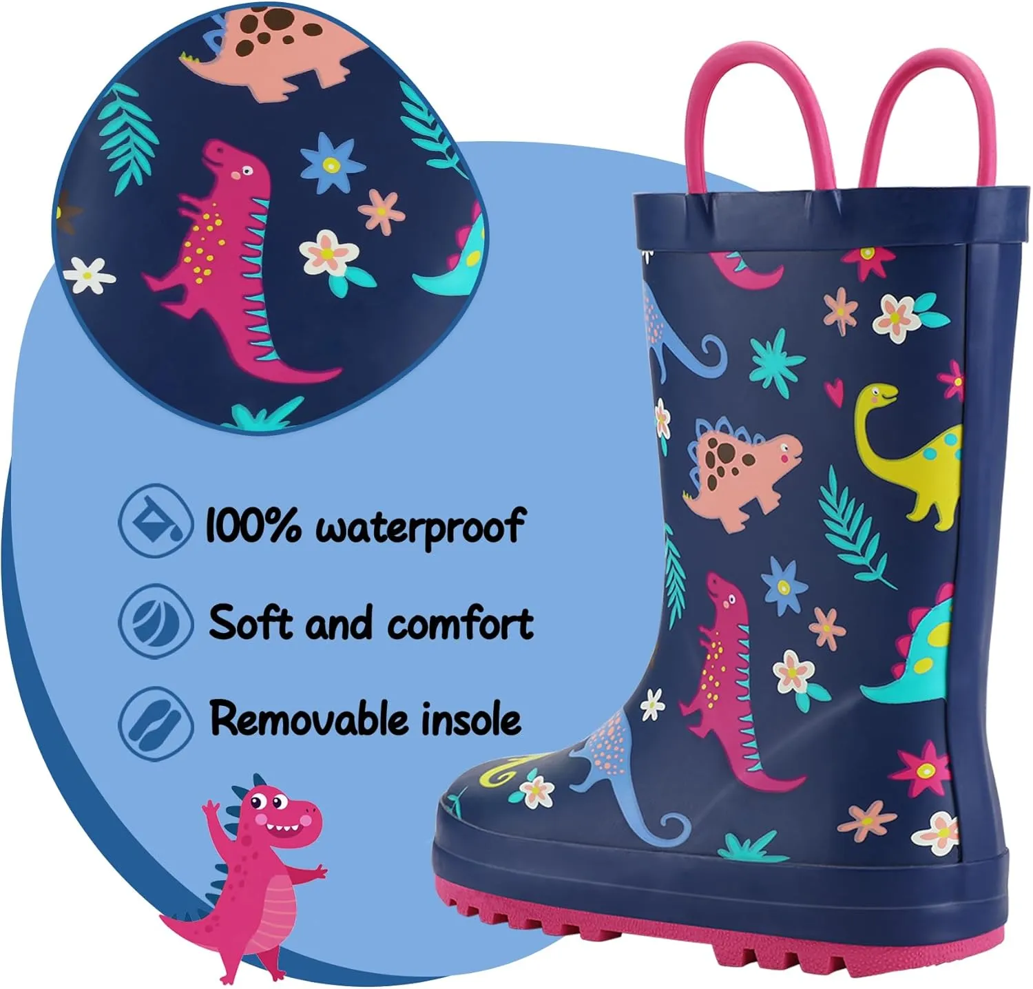 K KomForme Kids Rain Boots Waterproof Printed Rubber boots with Handles