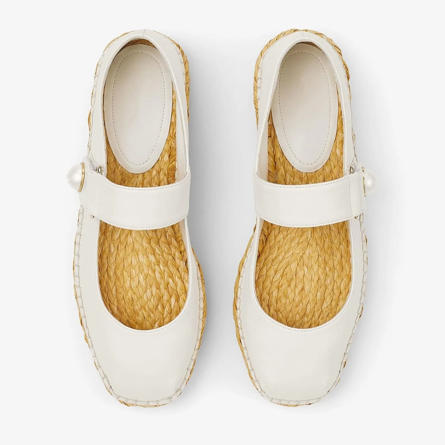keleimusi Women's Mary Jane Metallic Espadrilles Flats with Pearl Buckle Strap Platform Espadrilles Woven Outsole Shoes Canvas Summer Flats