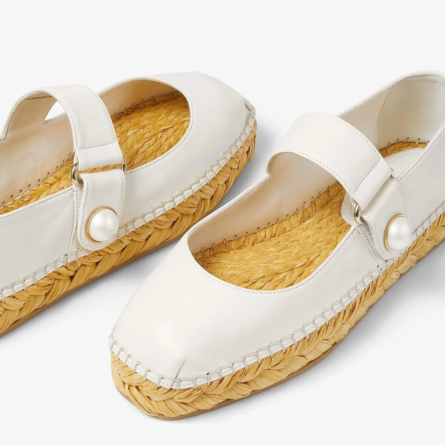 keleimusi Women's Mary Jane Metallic Espadrilles Flats with Pearl Buckle Strap Platform Espadrilles Woven Outsole Shoes Canvas Summer Flats