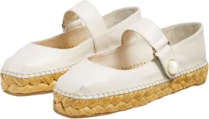 keleimusi Women's Mary Jane Metallic Espadrilles Flats with Pearl Buckle Strap Platform Espadrilles Woven Outsole Shoes Canvas Summer Flats