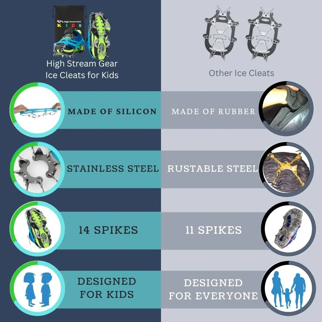 Kids Ice Cleats - Snow Crampons for Hiking Boots & Shoes with 14 Stainless Steel Spikes