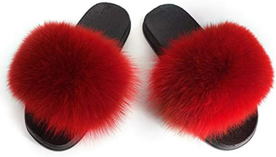 Kids Real Fox Fur Slippers Summer Feather Open Toe Single Strap Slip On Sandals