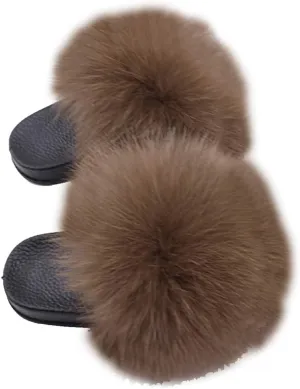 Kids Real Fox Fur Slippers Summer Feather Open Toe Single Strap Slip On Sandals