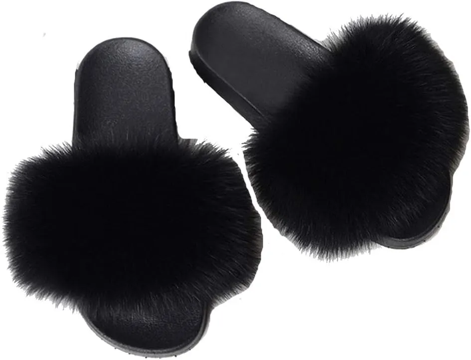 Kids Real Fox Fur Slippers Summer Feather Open Toe Single Strap Slip On Sandals
