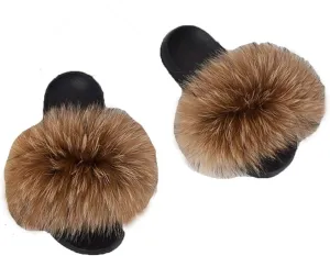Kids Real Fox Fur Slippers Summer Feather Open Toe Single Strap Slip On Sandals