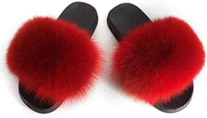 Kids Real Fox Fur Slippers Summer Feather Open Toe Single Strap Slip On Sandals