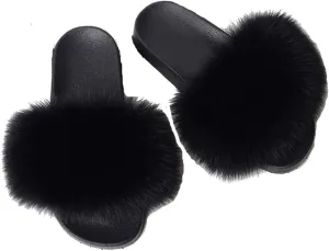 Kids Real Fox Fur Slippers Summer Feather Open Toe Single Strap Slip On Sandals