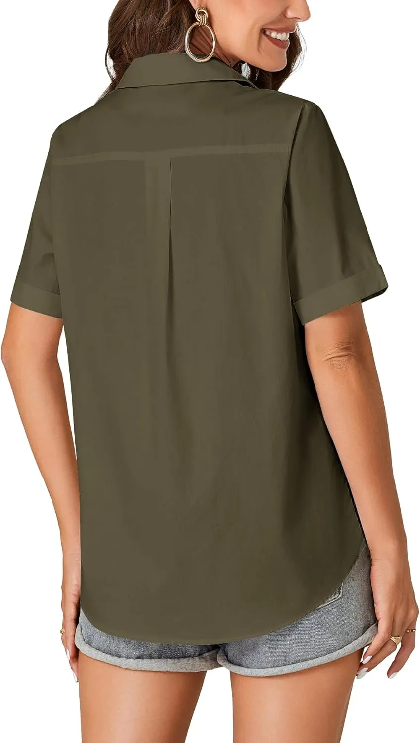 KIFOVEN Women’s Short Sleeve Button Down Shirt Collared Cotton Casual Summer Blouse Top with Pocket