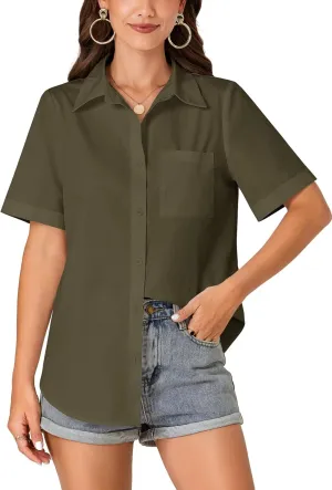 KIFOVEN Women’s Short Sleeve Button Down Shirt Collared Cotton Casual Summer Blouse Top with Pocket