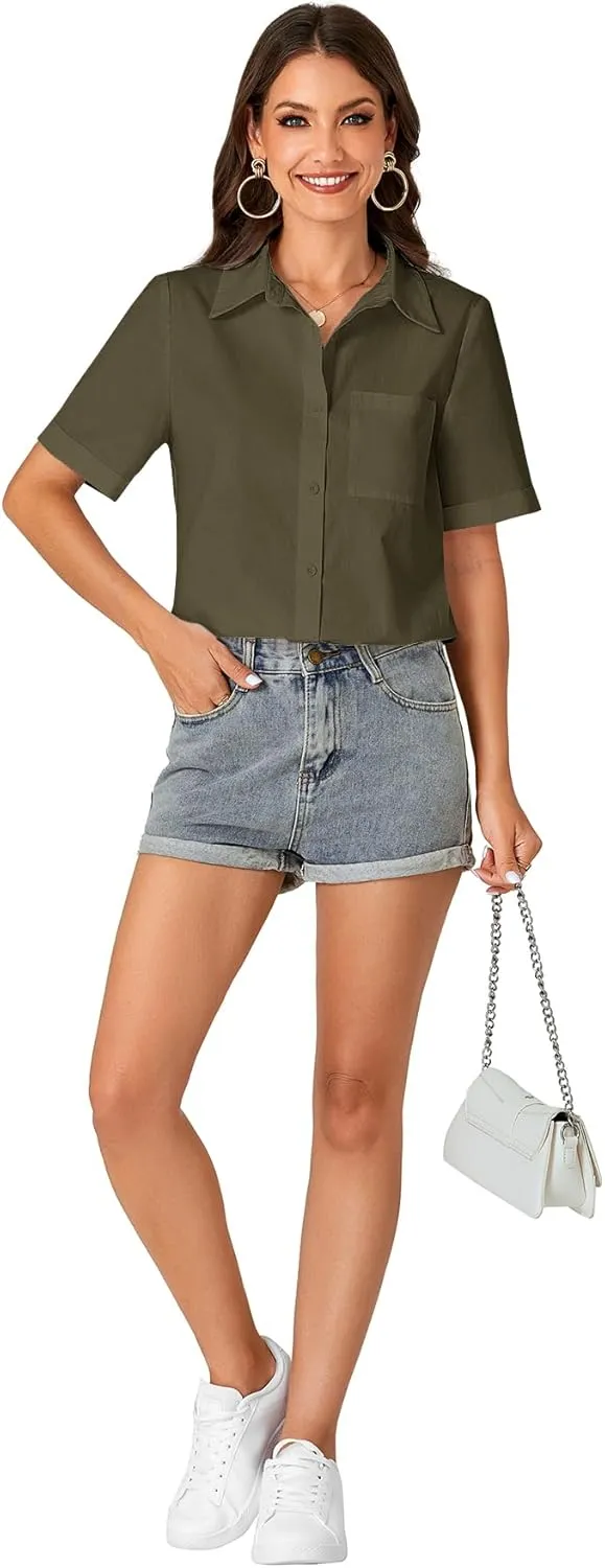 KIFOVEN Women’s Short Sleeve Button Down Shirt Collared Cotton Casual Summer Blouse Top with Pocket