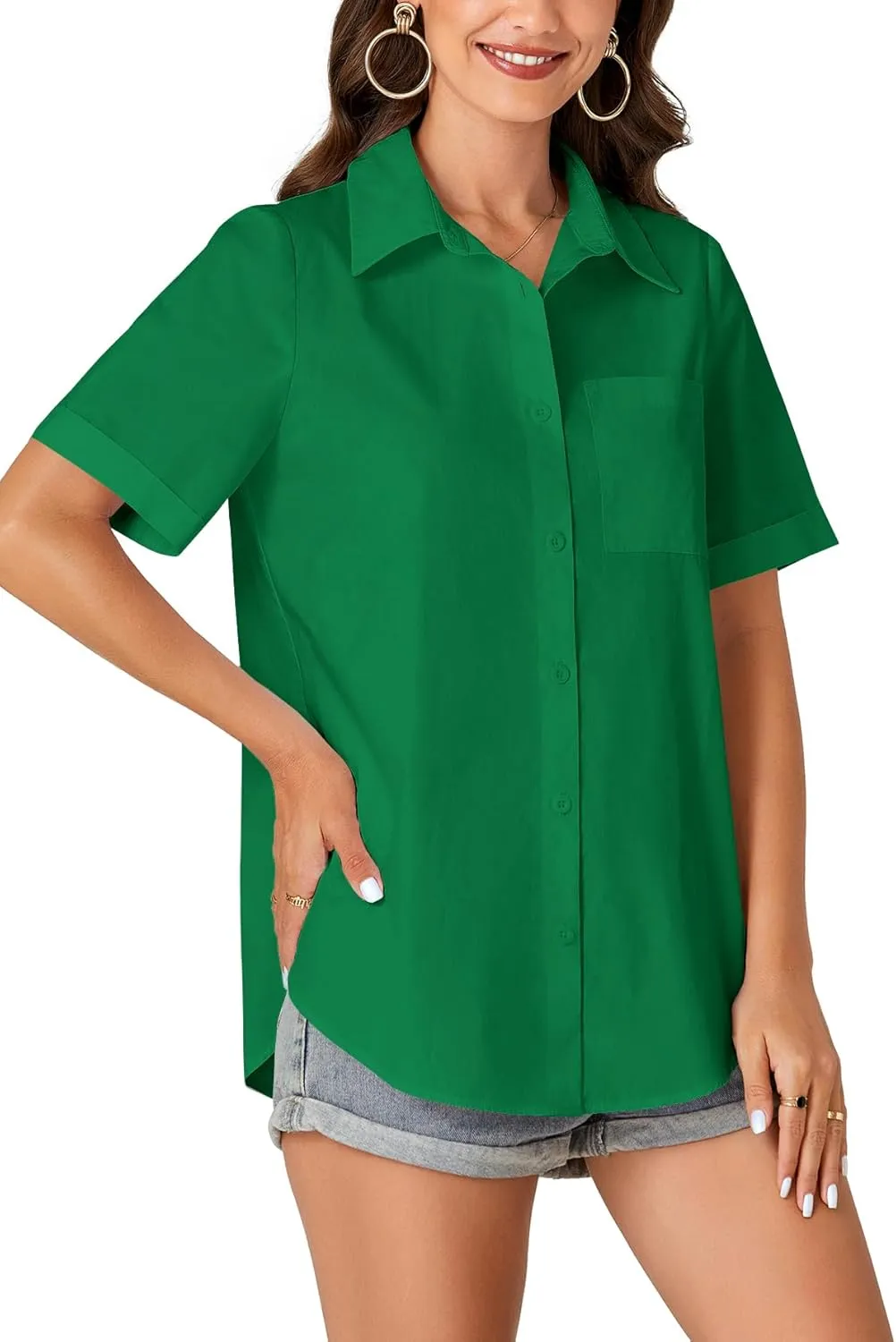KIFOVEN Women’s Short Sleeve Button Down Shirt Collared Cotton Casual Summer Blouse Top with Pocket