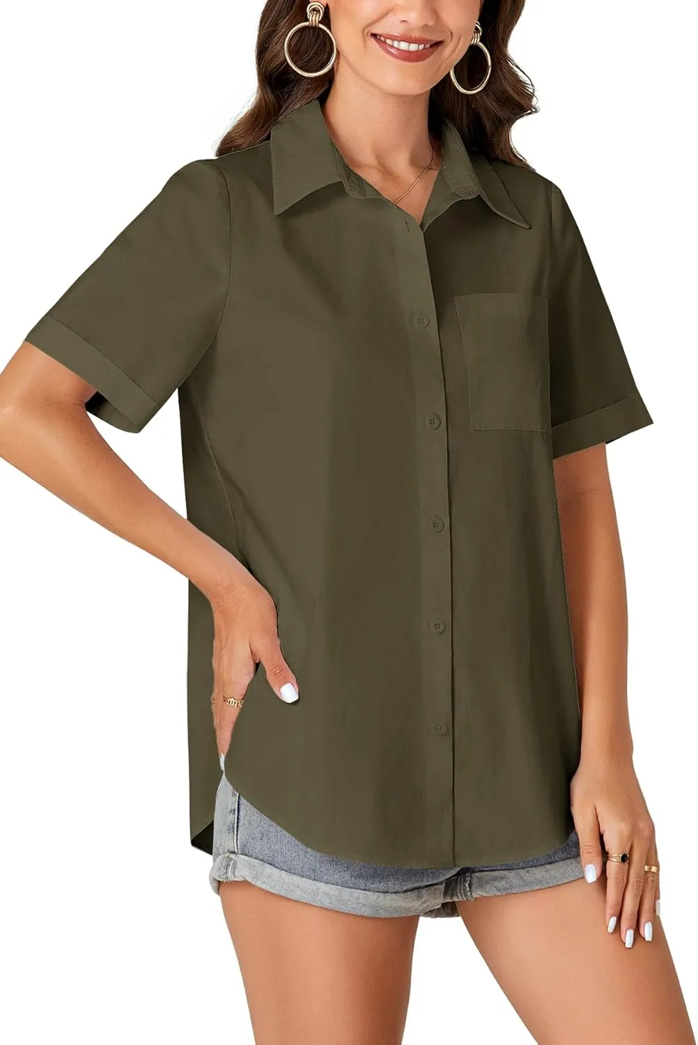KIFOVEN Women’s Short Sleeve Button Down Shirt Collared Cotton Casual Summer Blouse Top with Pocket