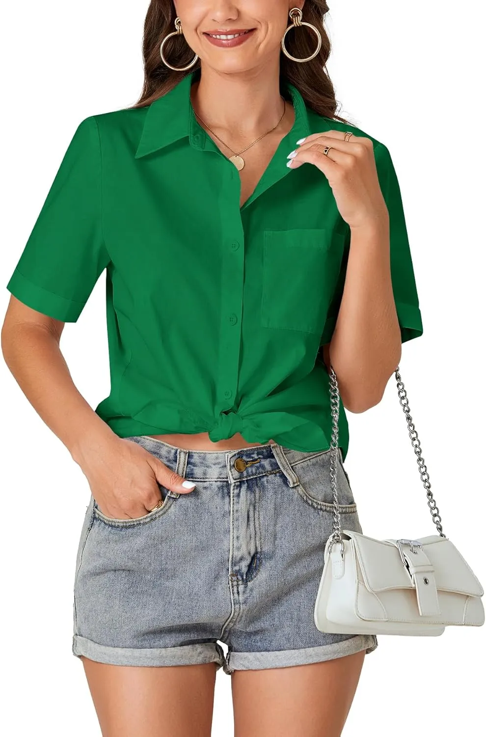 KIFOVEN Women’s Short Sleeve Button Down Shirt Collared Cotton Casual Summer Blouse Top with Pocket