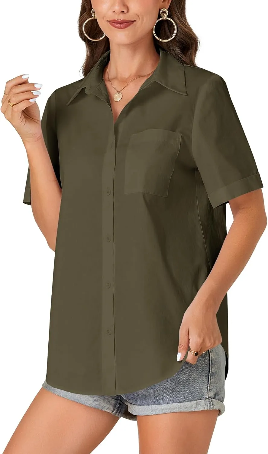 KIFOVEN Women’s Short Sleeve Button Down Shirt Collared Cotton Casual Summer Blouse Top with Pocket