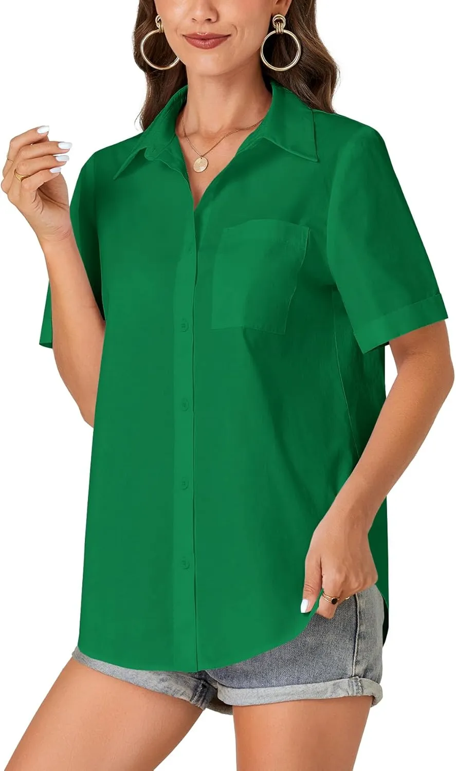 KIFOVEN Women’s Short Sleeve Button Down Shirt Collared Cotton Casual Summer Blouse Top with Pocket