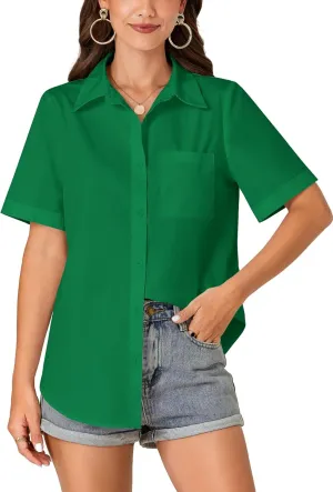 KIFOVEN Women’s Short Sleeve Button Down Shirt Collared Cotton Casual Summer Blouse Top with Pocket