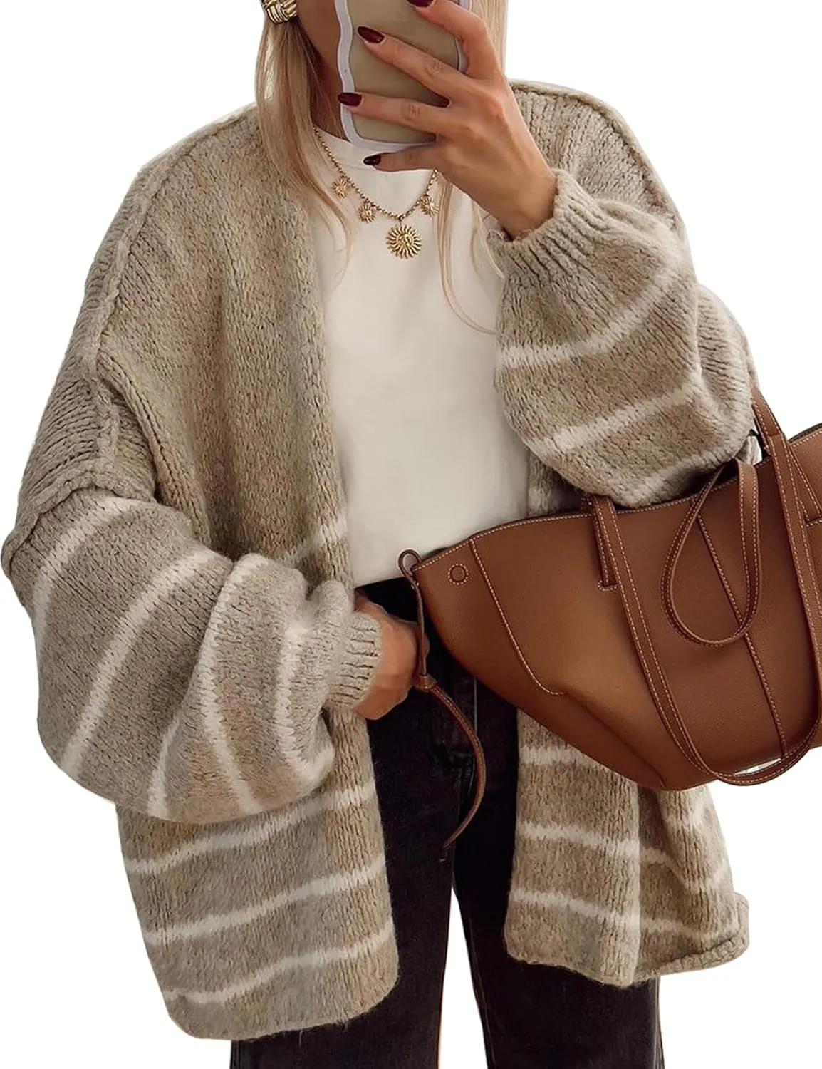 Kissonic Women's Striped Cardigan Sweaters Open Front Long Sleeve Chunky Knit Oversized Fall Sweater Coat