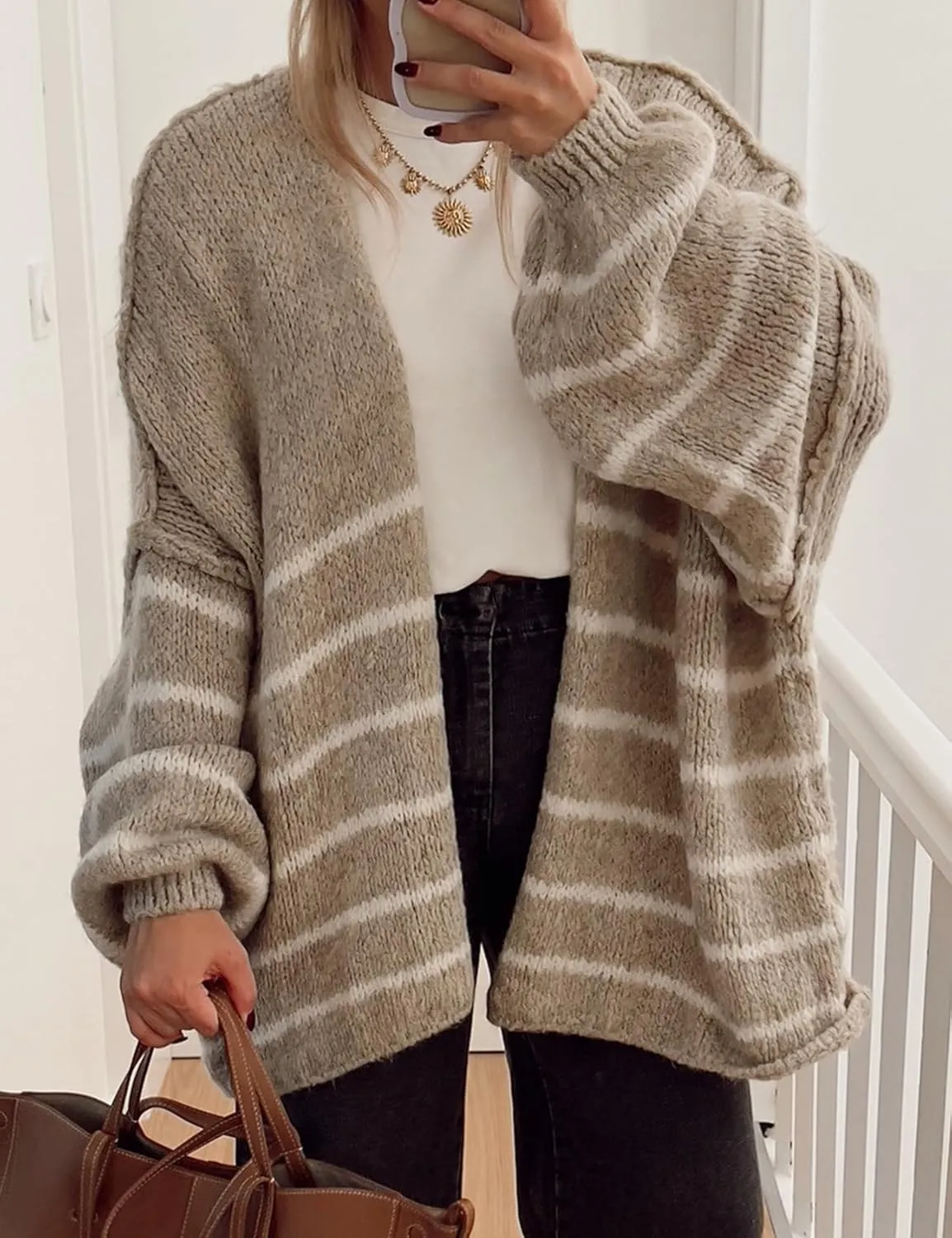 Kissonic Women's Striped Cardigan Sweaters Open Front Long Sleeve Chunky Knit Oversized Fall Sweater Coat