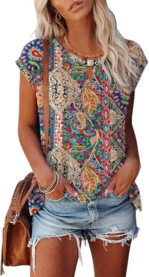 Kistore Women's Summer Casual V Neck Tank Tops Cap Sleeve Loose Fit Blouses Tunic Shirts