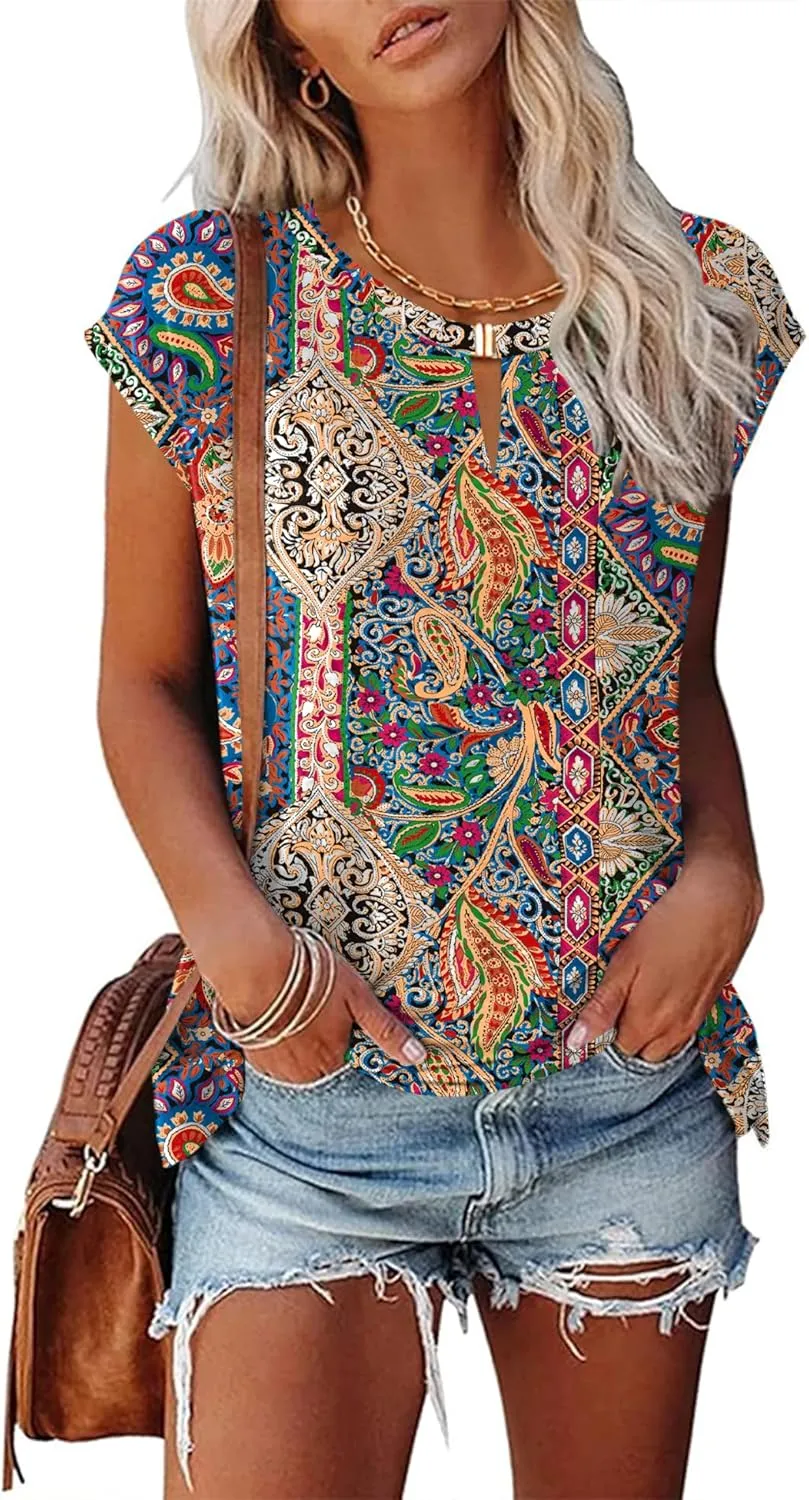 Kistore Women's Summer Casual V Neck Tank Tops Cap Sleeve Loose Fit Blouses Tunic Shirts