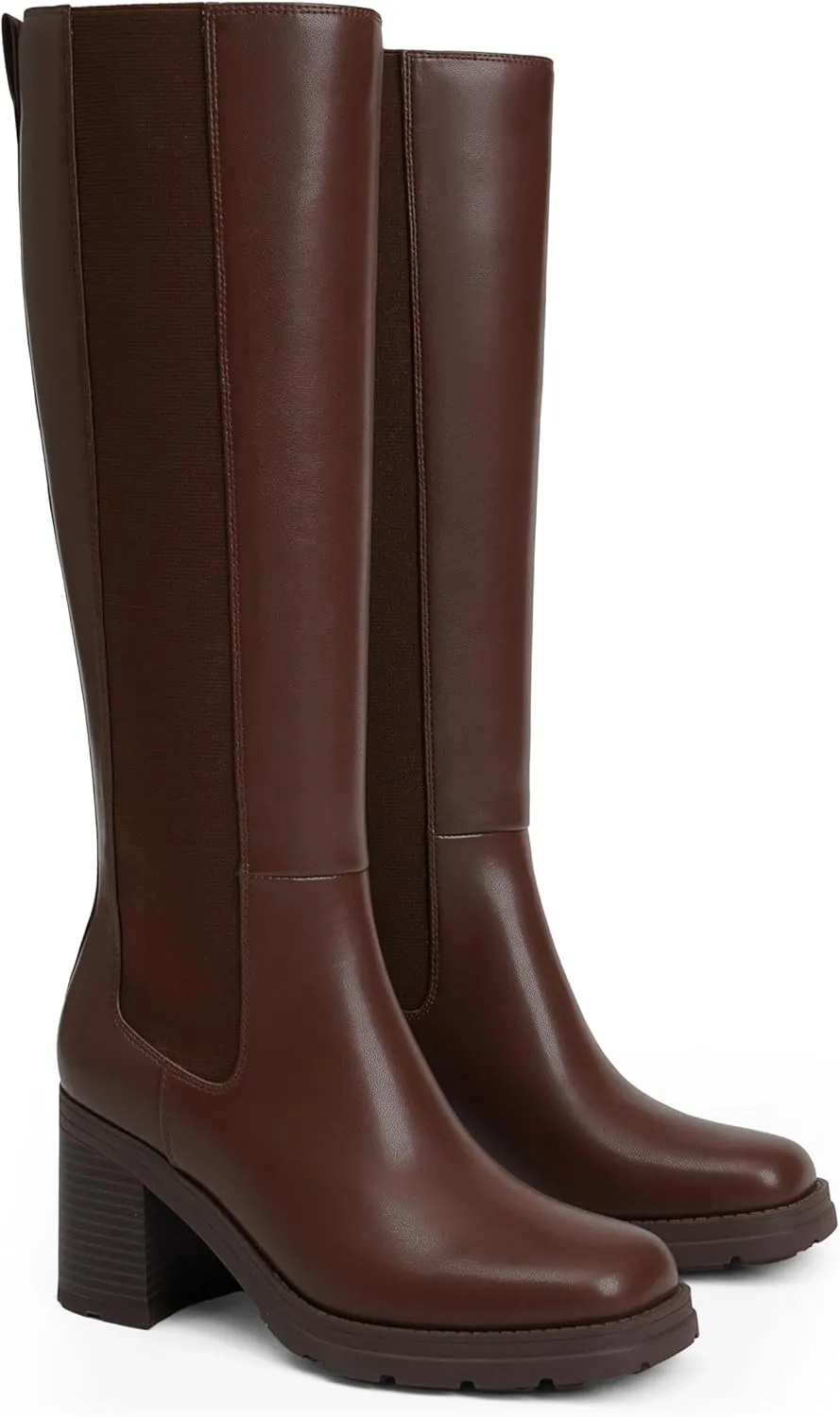 Knee High Boots Women Chelsea Platform Chunky Boots Slip on Faux Leather Square Toe Fall Long Tall Boots for Women