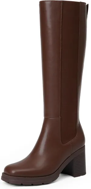 Knee High Boots Women Chelsea Platform Chunky Boots Slip on Faux Leather Square Toe Fall Long Tall Boots for Women