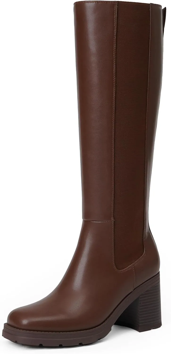 Knee High Boots Women Chelsea Platform Chunky Boots Slip on Faux Leather Square Toe Fall Long Tall Boots for Women