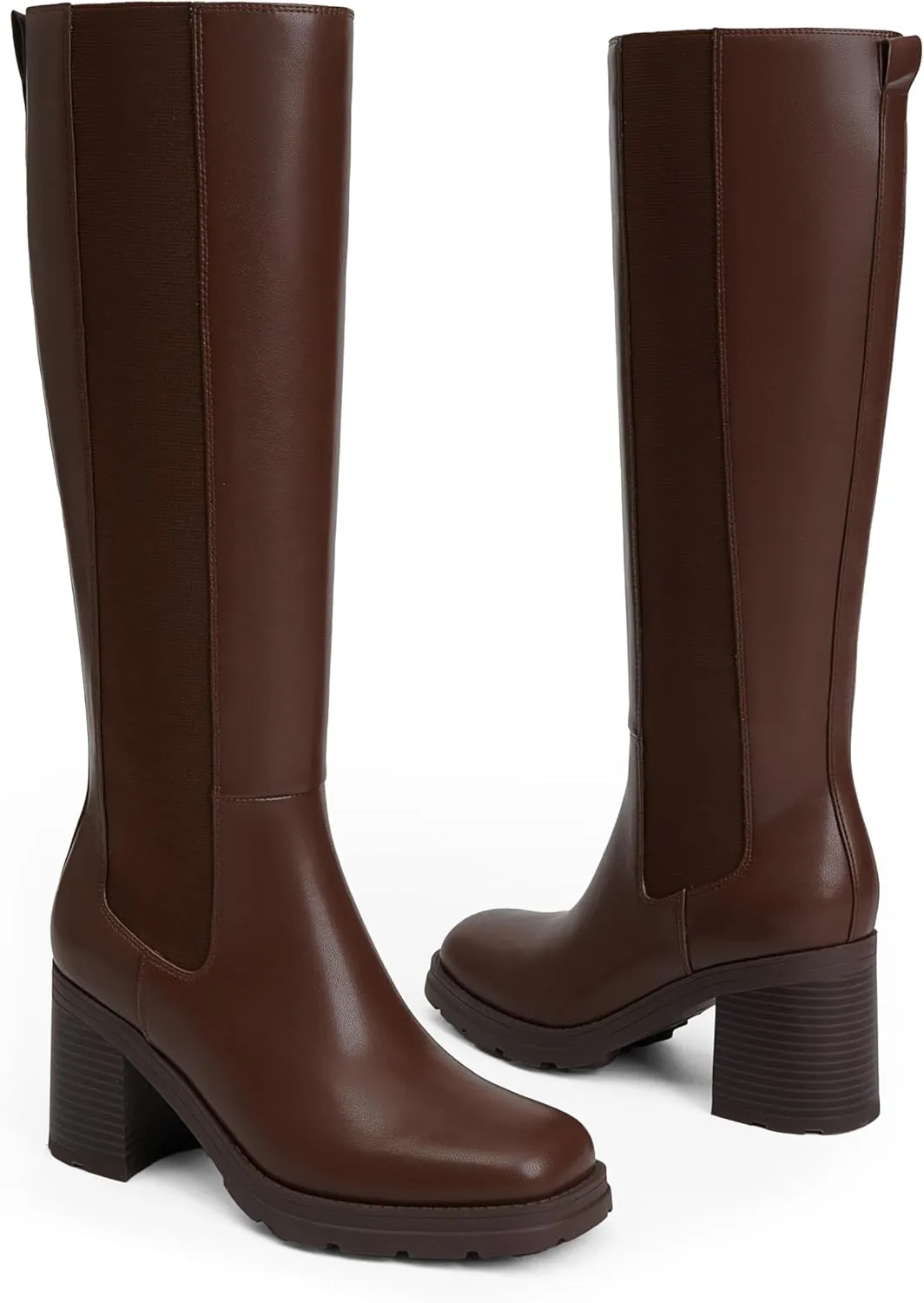 Knee High Boots Women Chelsea Platform Chunky Boots Slip on Faux Leather Square Toe Fall Long Tall Boots for Women