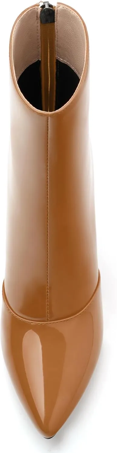 KUOARN Ankle Boots for Women Block High Heel Pointed Toe Patent 3.9 Inch Zipper Booties Sexy Dating Shopping Wedding Short Dress Boots
