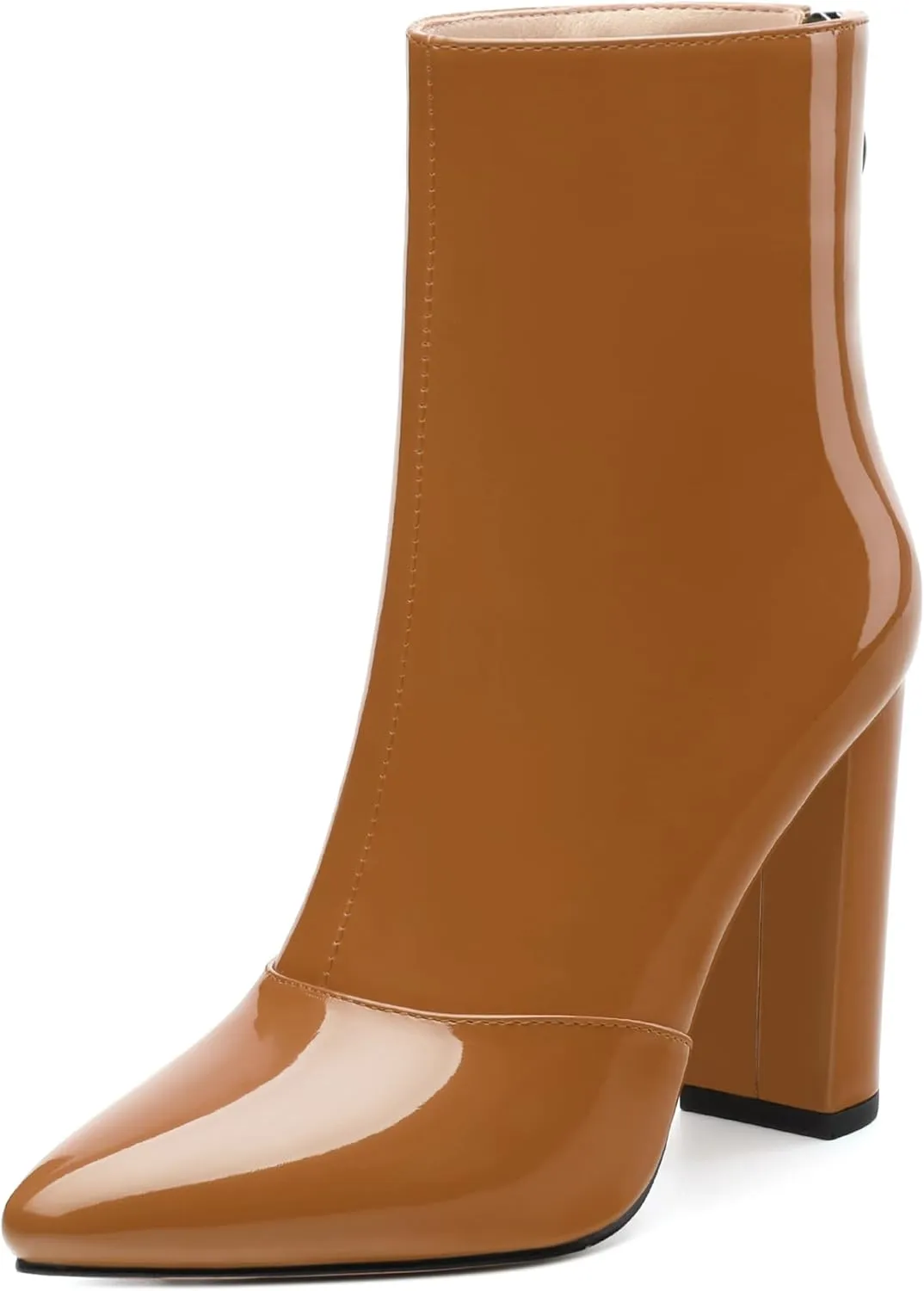 KUOARN Ankle Boots for Women Block High Heel Pointed Toe Patent 3.9 Inch Zipper Booties Sexy Dating Shopping Wedding Short Dress Boots