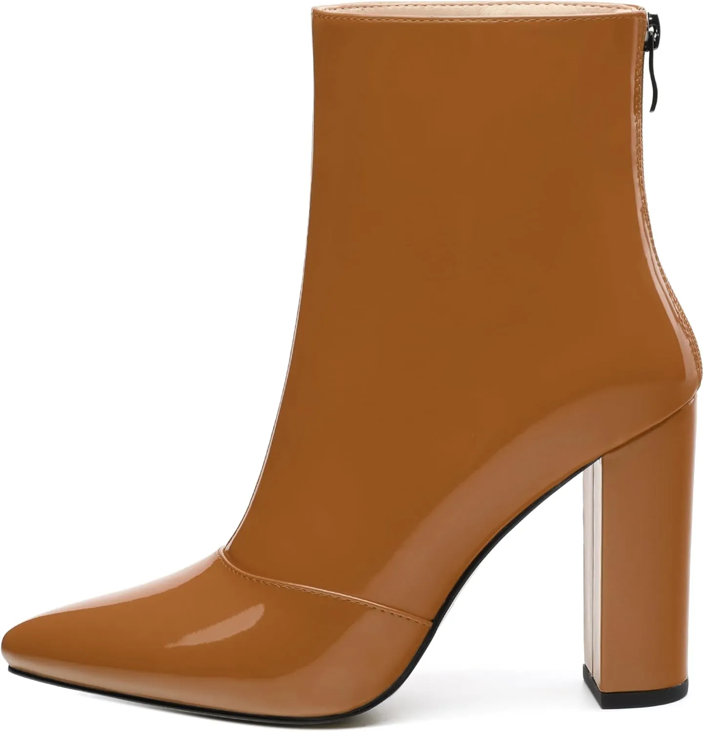 KUOARN Ankle Boots for Women Block High Heel Pointed Toe Patent 3.9 Inch Zipper Booties Sexy Dating Shopping Wedding Short Dress Boots