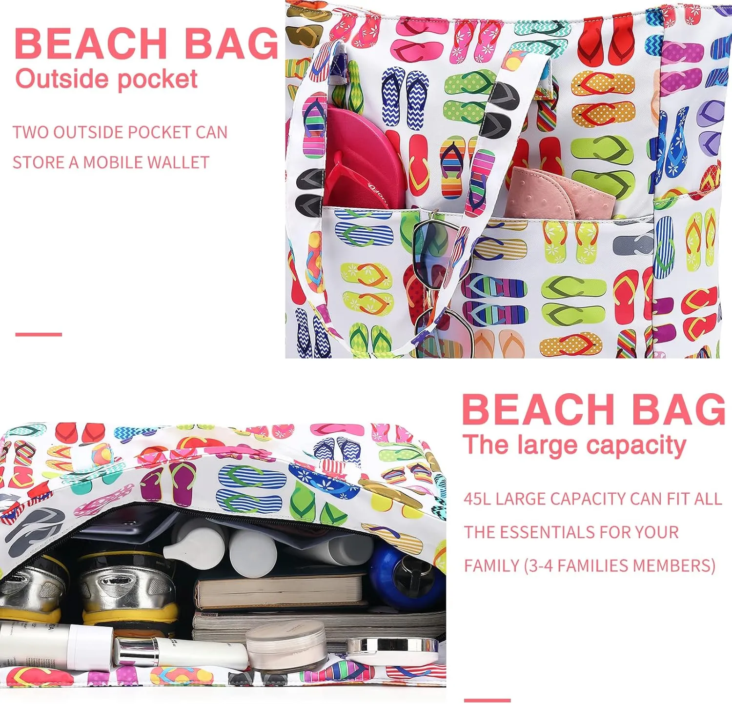 LEDAOU Large Beach Tote Bag Women Waterproof Sandproof Zipper Beach Tote Bag for Pool Gym Grocery Travel with Wet Pocket
