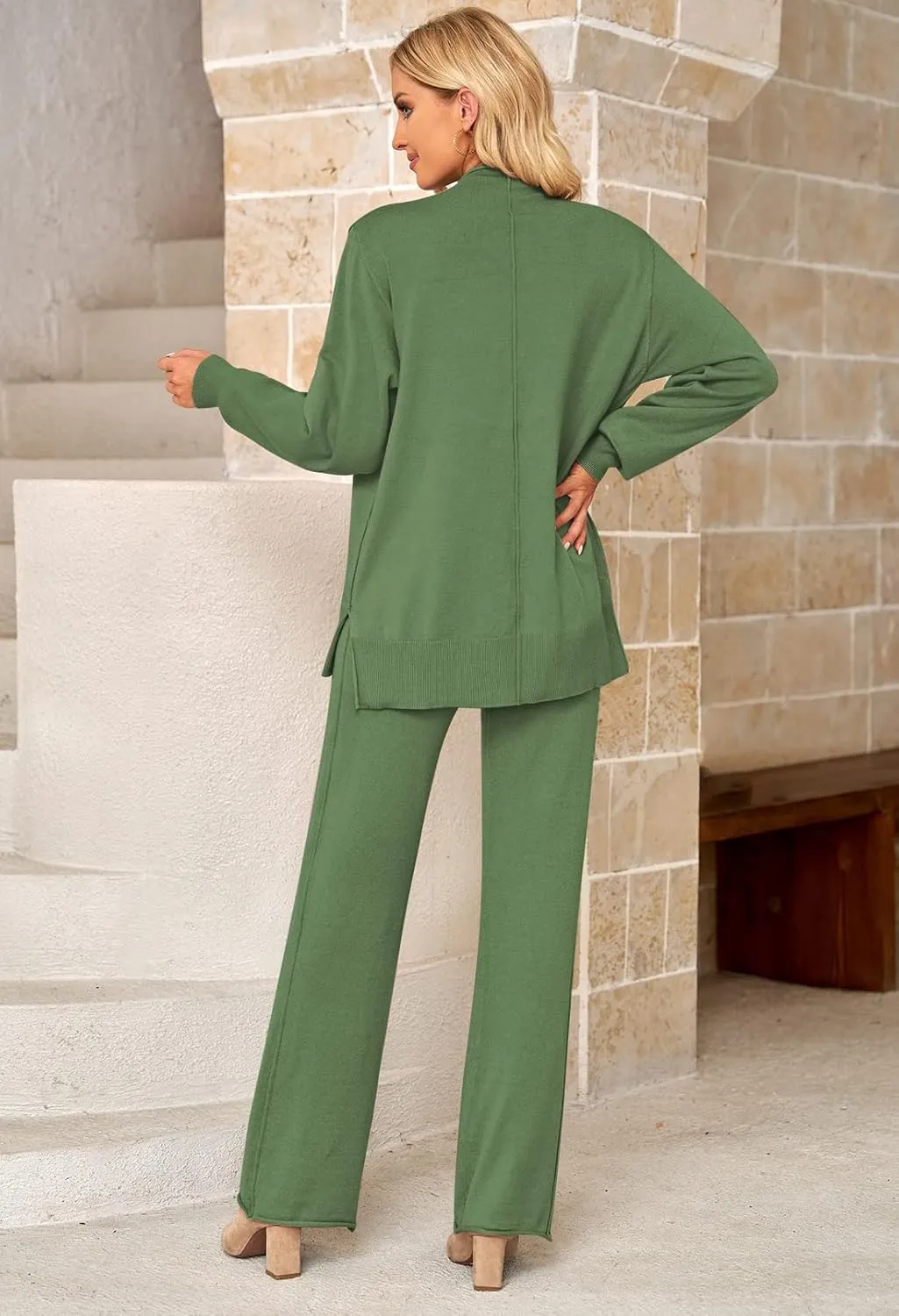 Linsery Women 2 Piece Sweater Sets High Neck Knitted Pullover Wide Leg Casual Sweatsuit