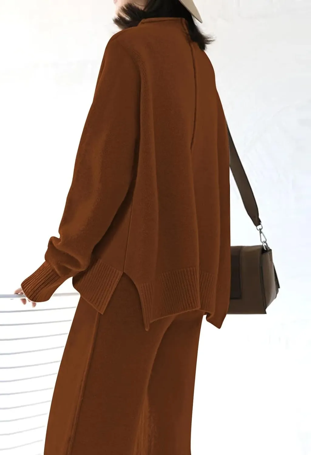 Linsery Women 2 Piece Sweater Sets High Neck Knitted Pullover Wide Leg Casual Sweatsuit