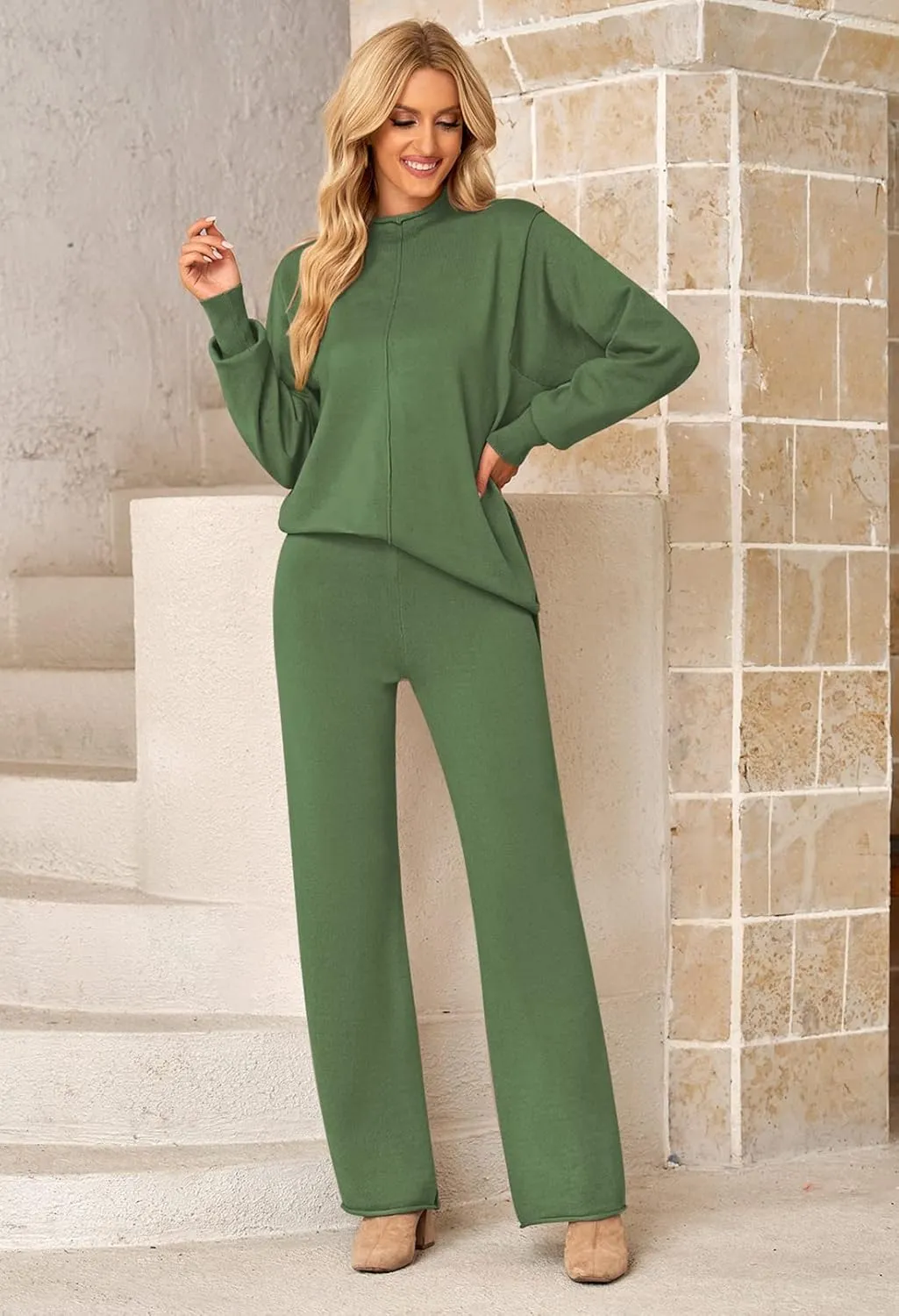 Linsery Women 2 Piece Sweater Sets High Neck Knitted Pullover Wide Leg Casual Sweatsuit
