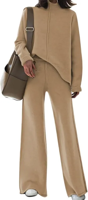Linsery Women 2 Piece Sweater Sets High Neck Knitted Pullover Wide Leg Casual Sweatsuit