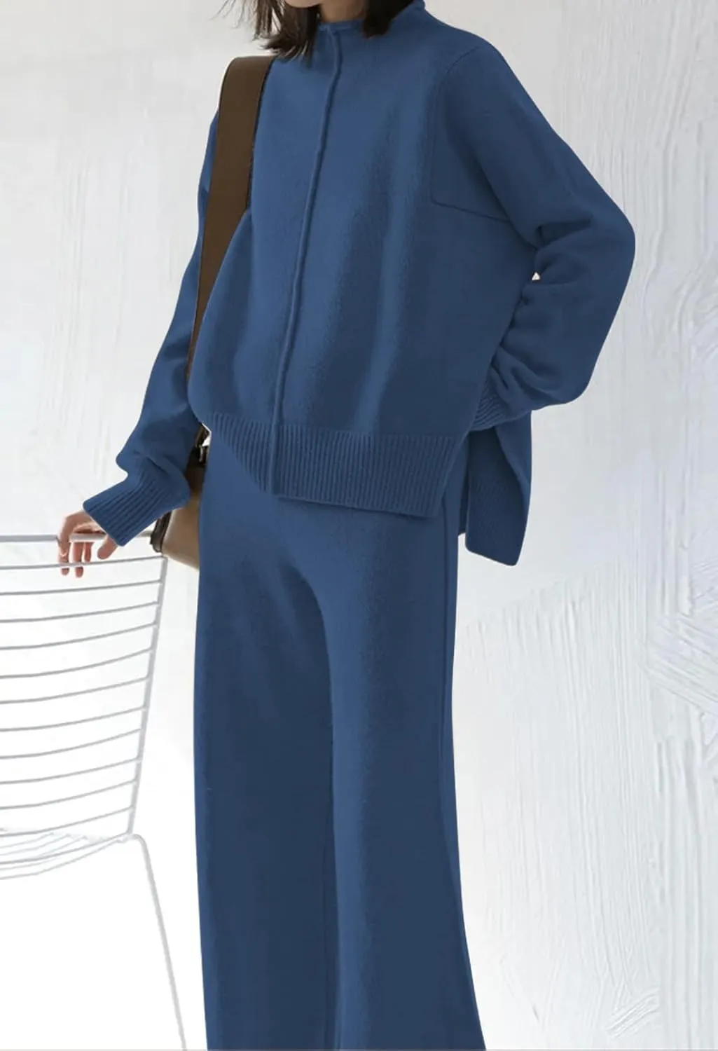 Linsery Women 2 Piece Sweater Sets High Neck Knitted Pullover Wide Leg Casual Sweatsuit