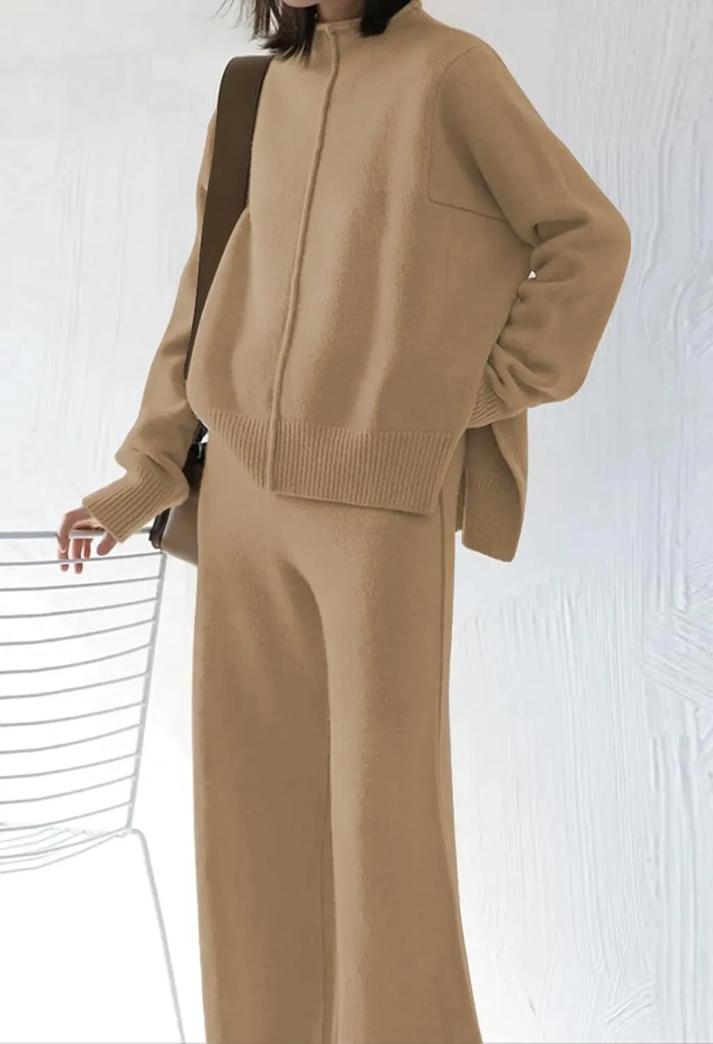 Linsery Women 2 Piece Sweater Sets High Neck Knitted Pullover Wide Leg Casual Sweatsuit