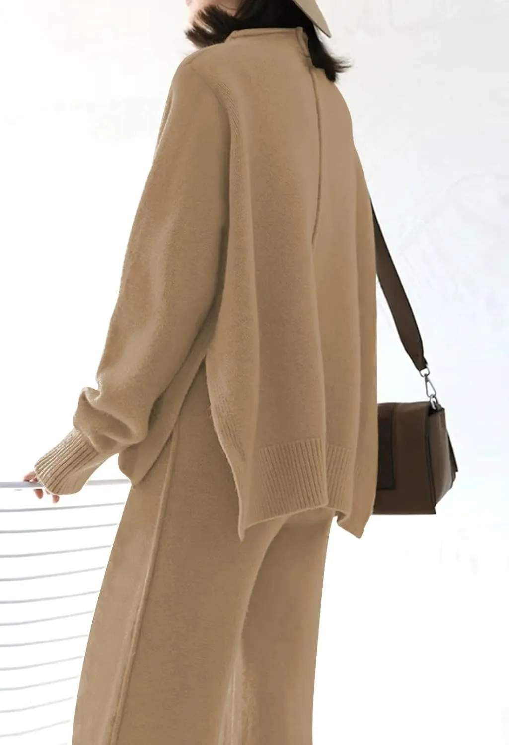 Linsery Women 2 Piece Sweater Sets High Neck Knitted Pullover Wide Leg Casual Sweatsuit